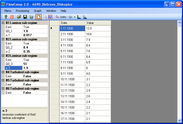 setup of FlowComp baseflow separation algorithm FlowComp setup